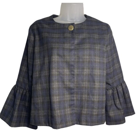 ZARA Basic Plaid Jacket SZ S Modern Crop Ruffle Bell Sleeve Blazer Navy Black - Picture 1 of 10